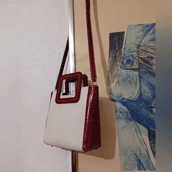 STAUD mini Shirley Bag in Canvas,burgundy Leather Crossbody Bag - Picture 4 of 16